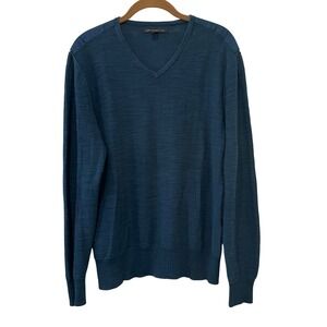 John‎ Varvatos USA Mens V Neck Sweater Blue Linen Blend Elbow Patch Medium